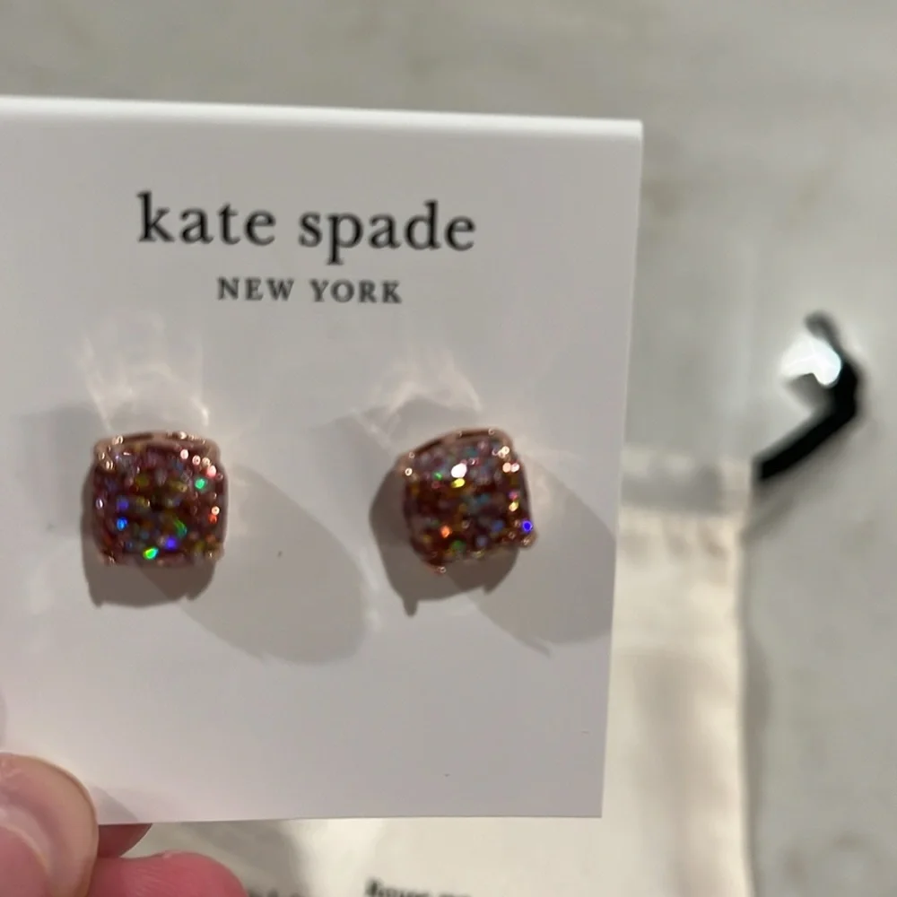 kate spade Rose Gold Glitter Crystal Square Stud Earrings / NWT - Picture 4 of 7